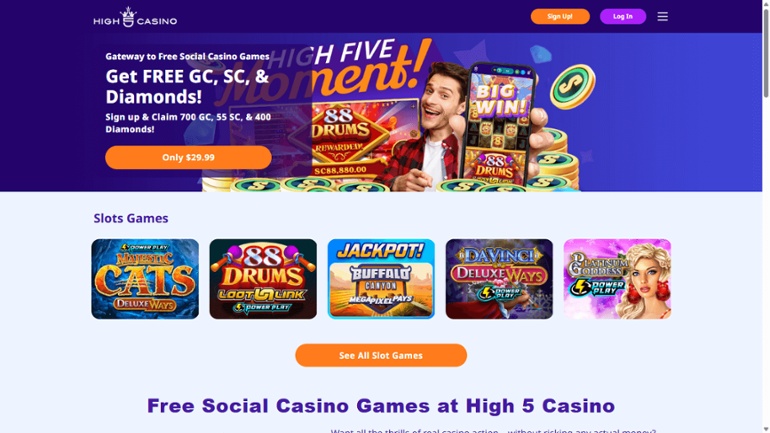 High 5 Casino homepage showing deals and top slot games.